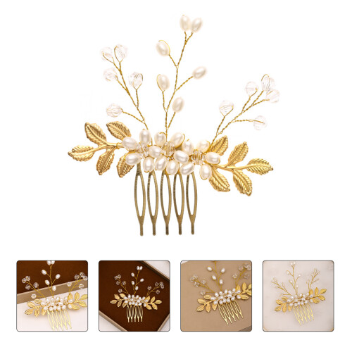 Eleganter Braut Perlen Haarkamm Gold Haarschmuck 1