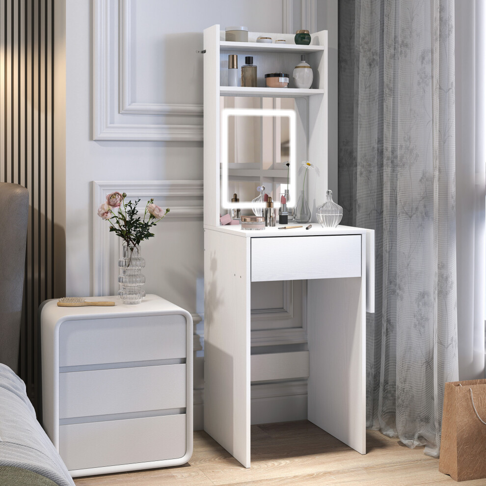 Homcom Compact Dressing Table With Lighted Mirror Open Shelves Drawer White