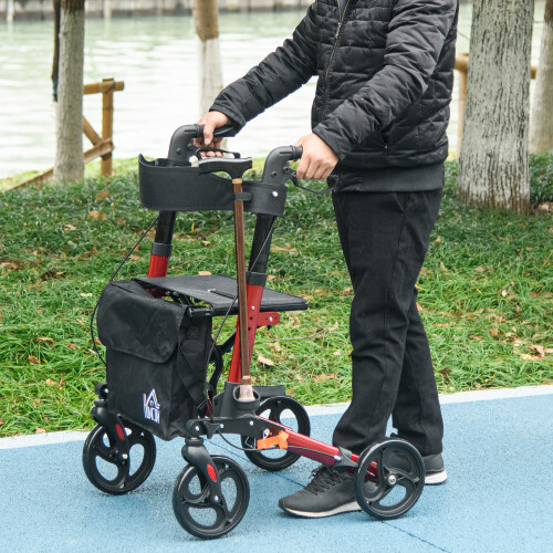 Homcom HOMCOM 4 Wheel Rollator Walker,  Adjustable Mobility Walker with Bag, Red