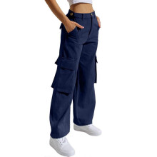 (M, Blue) Women Cargo Pants with Pockets Loose-Fit Straight Leg Baggy Pants Female High-Waisted Casual Trousers Streetwear White XL