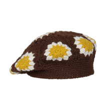 (Brown) Floral Beret Granny-square Handsome Painter Hat Cabbie Hat for Spring Summer Leisure Cap Beret Cap Women Men White