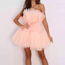 (S, Pink) Women Tulle Dress Sleeveless Short Dress Solid Mesh Princess Steapless Party Dress-MXBC