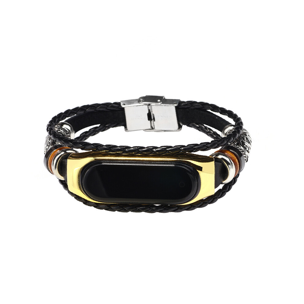 Leather Watch Band For Xiaomi Mi Band 3/4, Black And Gold Black,Gold 7314280977499