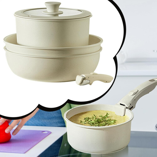 Frying Pan Set Induction Compatible 5-Piece Kitchen Cookware Pan Set With Removable Handle Non-Stick Coating Cream White 1