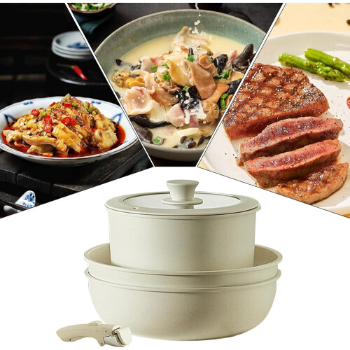Frying Pan Set Induction Compatible 5-Piece Kitchen Cookware Pan Set With Removable Handle Non-Stick Coating Cream White 2