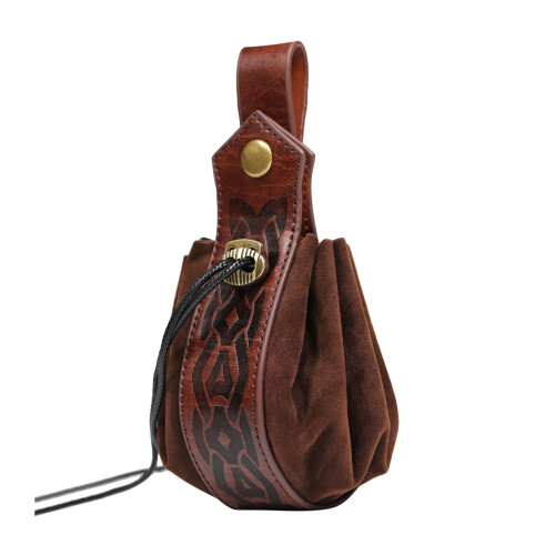 Portable Drawstring Bag Medieval PU Leather Belt-dark brown