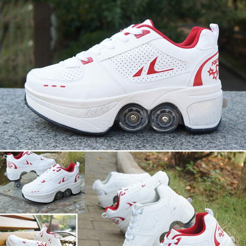 Inline Skate 2-In-1 Convertible Multi-Purpose Shoes Adjustable Quad Roller Skates Boots Size 37 2