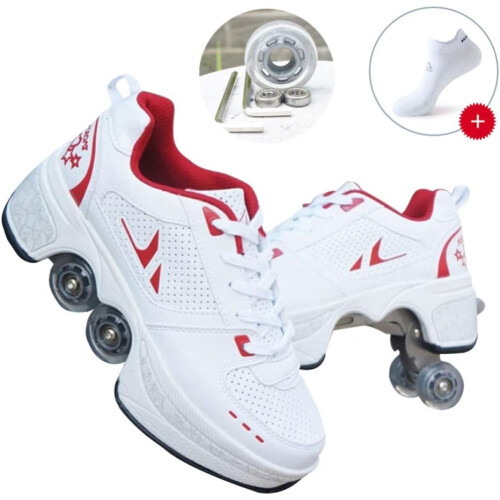 Inline Skate 2-In-1 Convertible Multi-Purpose Shoes Adjustable Quad Roller Skates Boots Size 37 1