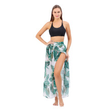 Sarong-Swimsuit Coverup for Womens-green leaves on whit