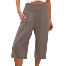 (M, Brown) Womens Casual Wide Leg High Waist Button Down Straight Cropped Trousers Pants Spring Summer Cotton Linen Pants olive green XXXL