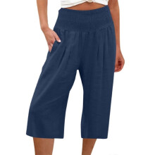 (M, navy blue) Womens Casual Wide Leg High Waist Button Down Straight Cropped Trousers Pants Spring Summer Cotton Linen Pants olive green XXXL
