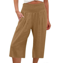 (L, Khaki) Womens Casual Wide Leg High Waist Button Down Straight Cropped Trousers Pants Spring Summer Cotton Linen Pants olive green XXXL
