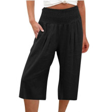 (L, Black) Womens Casual Wide Leg High Waist Button Down Straight Cropped Trousers Pants Spring Summer Cotton Linen Pants olive green XXXL