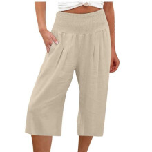 (L, apricot) Womens Casual Wide Leg High Waist Button Down Straight Cropped Trousers Pants Spring Summer Cotton Linen Pants olive green XXXL
