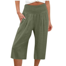 (XL, olive green) Womens Casual Wide Leg High Waist Button Down Straight Cropped Trousers Pants Spring Summer Cotton Linen Pants olive green XXXL