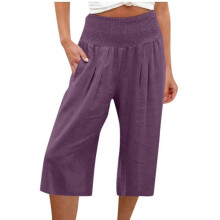 (XL, Purple) Womens Casual Wide Leg High Waist Button Down Straight Cropped Trousers Pants Spring Summer Cotton Linen Pants olive green XXXL