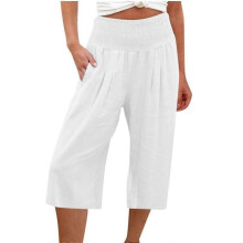 (XXXL, White) Womens Casual Wide Leg High Waist Button Down Straight Cropped Trousers Pants Spring Summer Cotton Linen Pants olive green XXXL