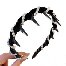 (White Pearls, Black) Hair Volume Booster Wave Headband, Vintage Velvet Wide Beaded Headband Hair Hoops for Women Girls