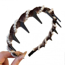 (White Pearls, Brown) Hair Volume Booster Wave Headband, Vintage Velvet Wide Beaded Headband Hair Hoops for Women Girls