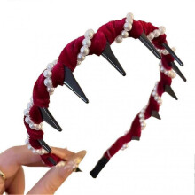 (White Pearls, Red) Hair Volume Booster Wave Headband, Vintage Velvet Wide Beaded Headband Hair Hoops for Women Girls