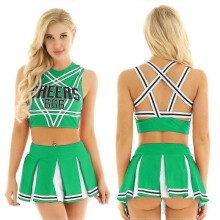 (XL, Green) Womens Cheerleading Costume Sexy Lingerie Cosplay Schoolgirl Uniform Cheerleader Outfits Crop Tank T