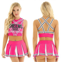 (L, Hot Pink) Womens Cheerleading Costume Sexy Lingerie Cosplay Schoolgirl Uniform Cheerleader Outfits Crop Tank T