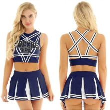 (S, Navy Blue) Womens Cheerleading Costume Sexy Lingerie Cosplay Schoolgirl Uniform Cheerleader Outfits Crop Tank T