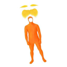 (Adult 170CM) 3Pcs Tangerine Costume Accessories World Book Day Outfits Fake Mustache Beard and Yellow Eyebrows Open Face Bodysuit Adult Onesie Set
