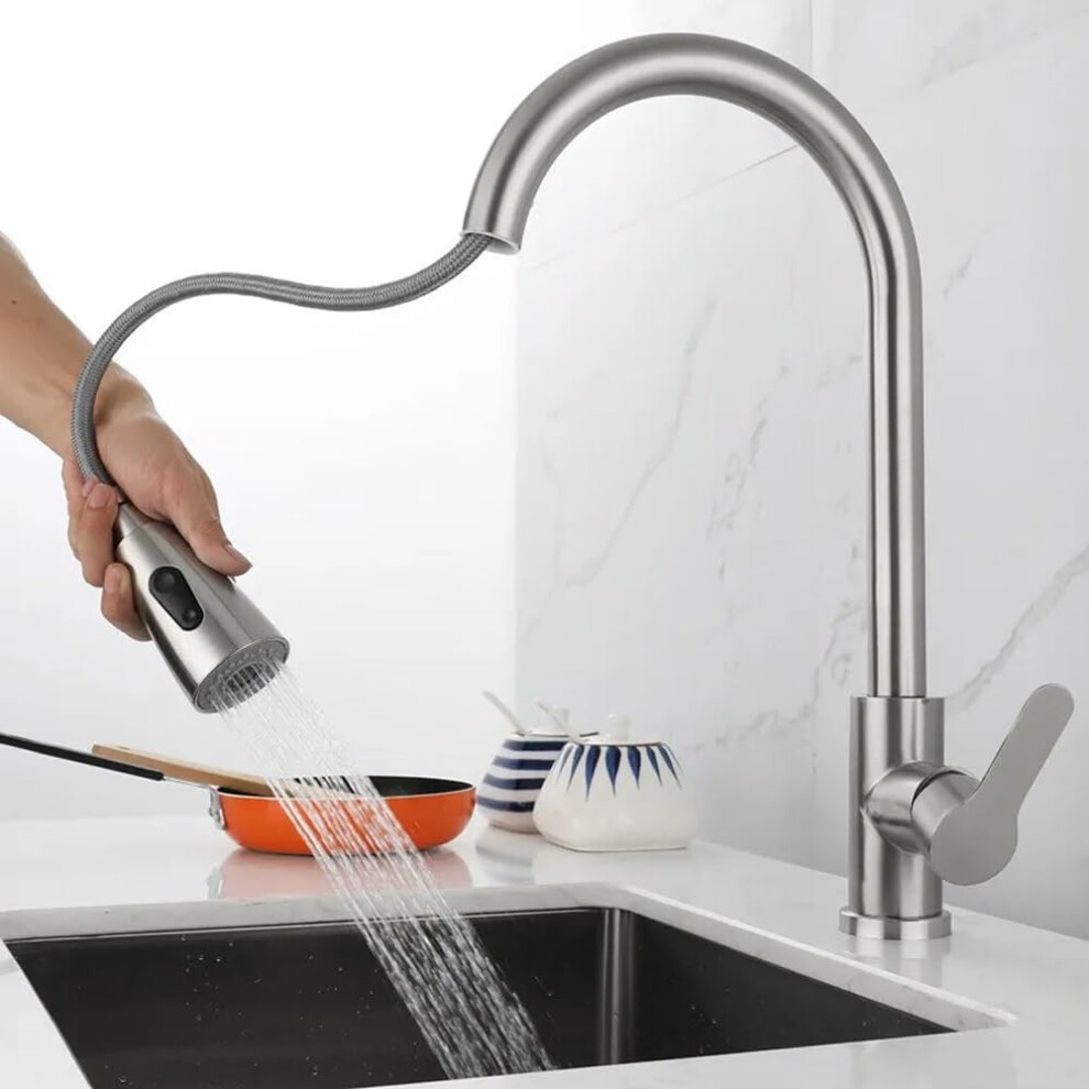Shower Head Kitchen Faucet Pull-Out Hot Cold Water Mixer Sprayer Rotating Stream Black Body And Silver Hose Sink Tapware 9354506230944