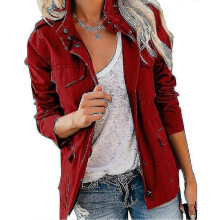 (4XL, Wine Red) Ladies Snap Buttons Military Jacket Streetwear Fall Coat Long Sleeve Utility Jackets