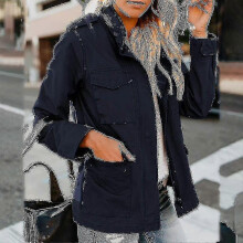 (5XL, Dark Blue) Ladies Snap Buttons Military Jacket Streetwear Fall Coat Long Sleeve Utility Jackets