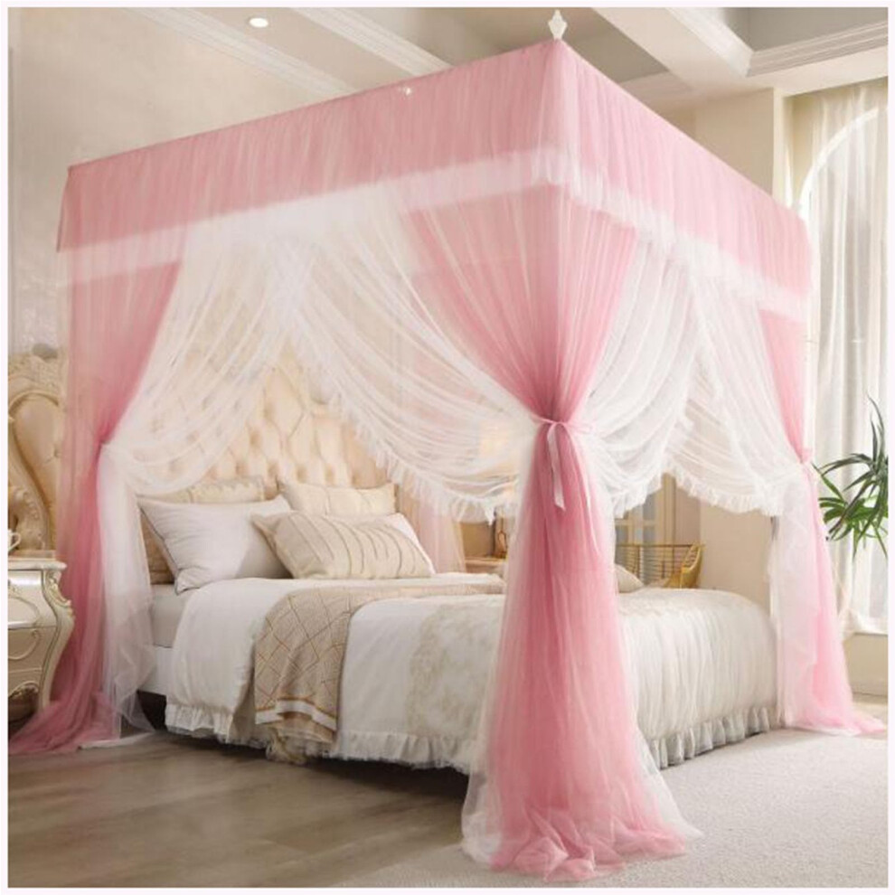 Square Top Cut Mosquito Net With Four Corner Posts And Frame Pink 1.5x2.0m Princess Bed Double Veil Floor Net