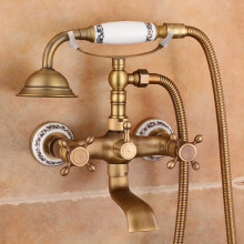 Bath Mixer Tap With Shower Head Vintage Wall Mounted Brass Bath Shower Mixer Tap Double Cross Handle Antique