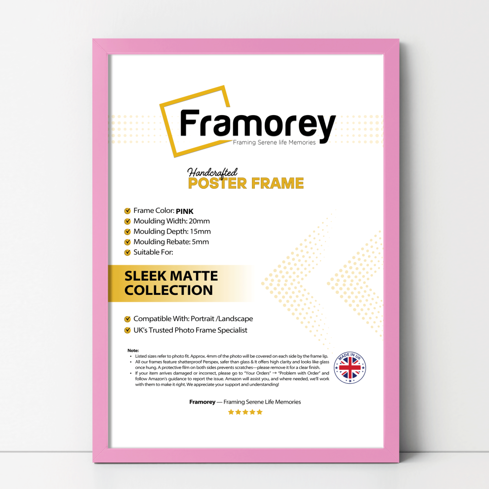 Framorey (30X40 Cm) Thin Matt Picture Frame / Wall Art Frames / Flat Wooden Effect Poster Frame Pink