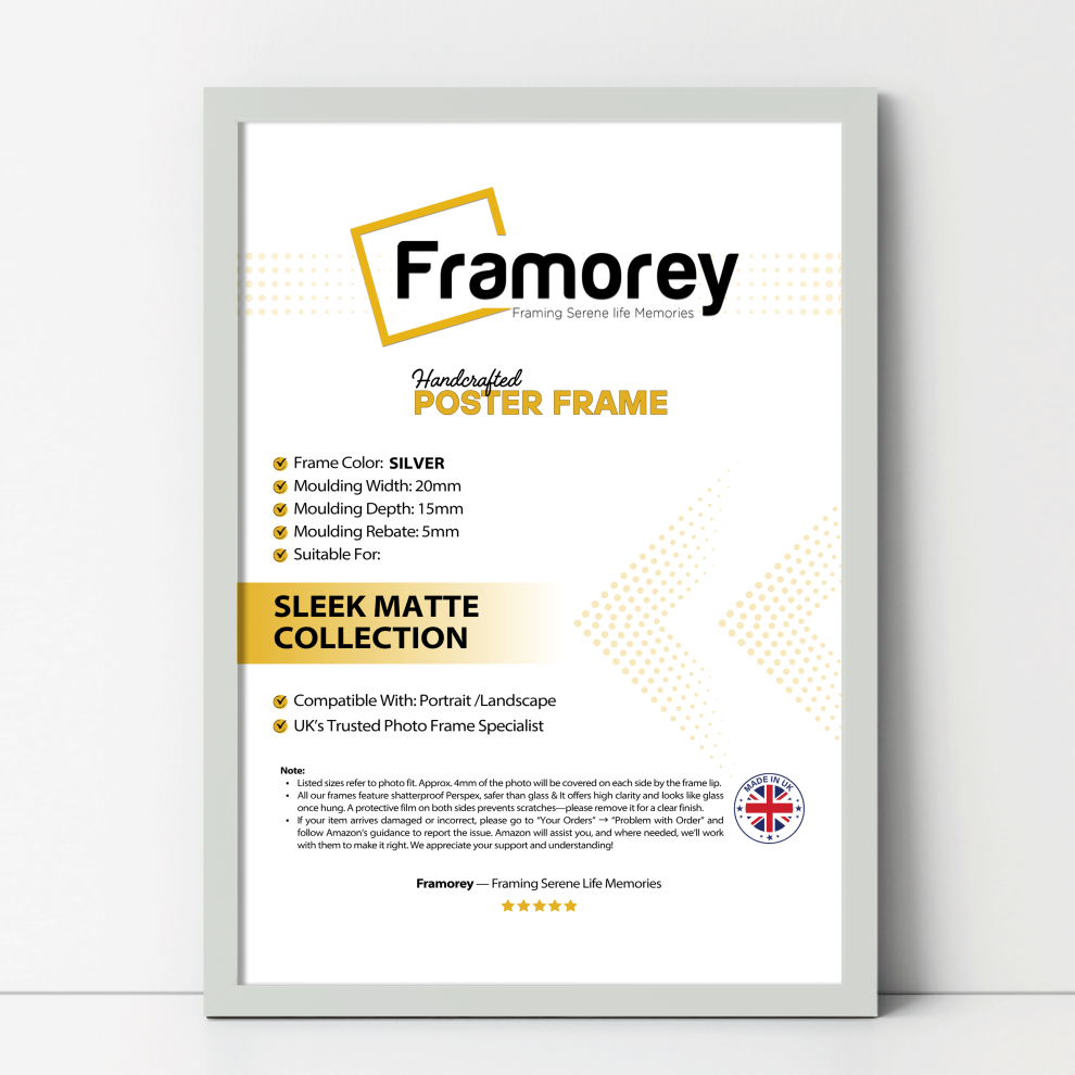 Framorey (70X50 Cm) Thin Matt Picture Frame / Wall Art Frames / Flat Wooden Effect Poster Frame Silver