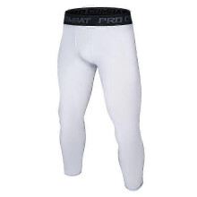 (S, white) Men Running Base Layer Tight Compression Training Bottoms Fitness Trousers Child Basketball Sports Skinny 3/4 Cropped Pants