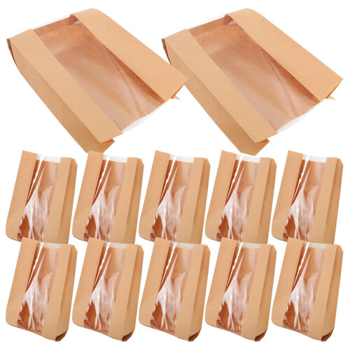 50Pcs Brown Grease-Resistant Bakery Bags with Clear Window for Snacks