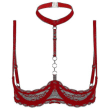 (L, Red A) Womens 1/4 Cups Underwire Bra Halter Neck O Ring Sheer Lace Push Up Brassiere Lingerie Breast Open Bras Underwear_FC10