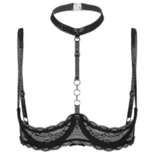(XL, Black A) Womens 1/4 Cups Underwire Bra Halter Neck O Ring Sheer Lace Push Up Brassiere Lingerie Breast Open Bras Underwear_FC10