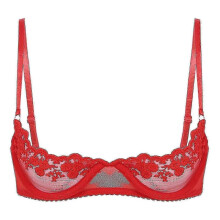 (XL, Red D) Womens 1/4 Cups Underwire Bra Halter Neck O Ring Sheer Lace Push Up Brassiere Lingerie Breast Open Bras Underwear_FC10