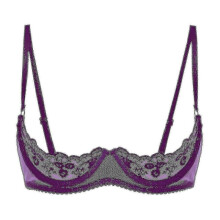 (XXL, Purple D) Womens 1/4 Cups Underwire Bra Halter Neck O Ring Sheer Lace Push Up Brassiere Lingerie Breast Open Bras Underwear_FC10