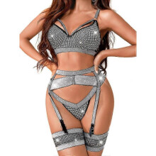 (S)Garter Lingerie for Women,Sexy Lace Lingerie,Sheer Matching 4 Piece Lingerie Set Black Silver
