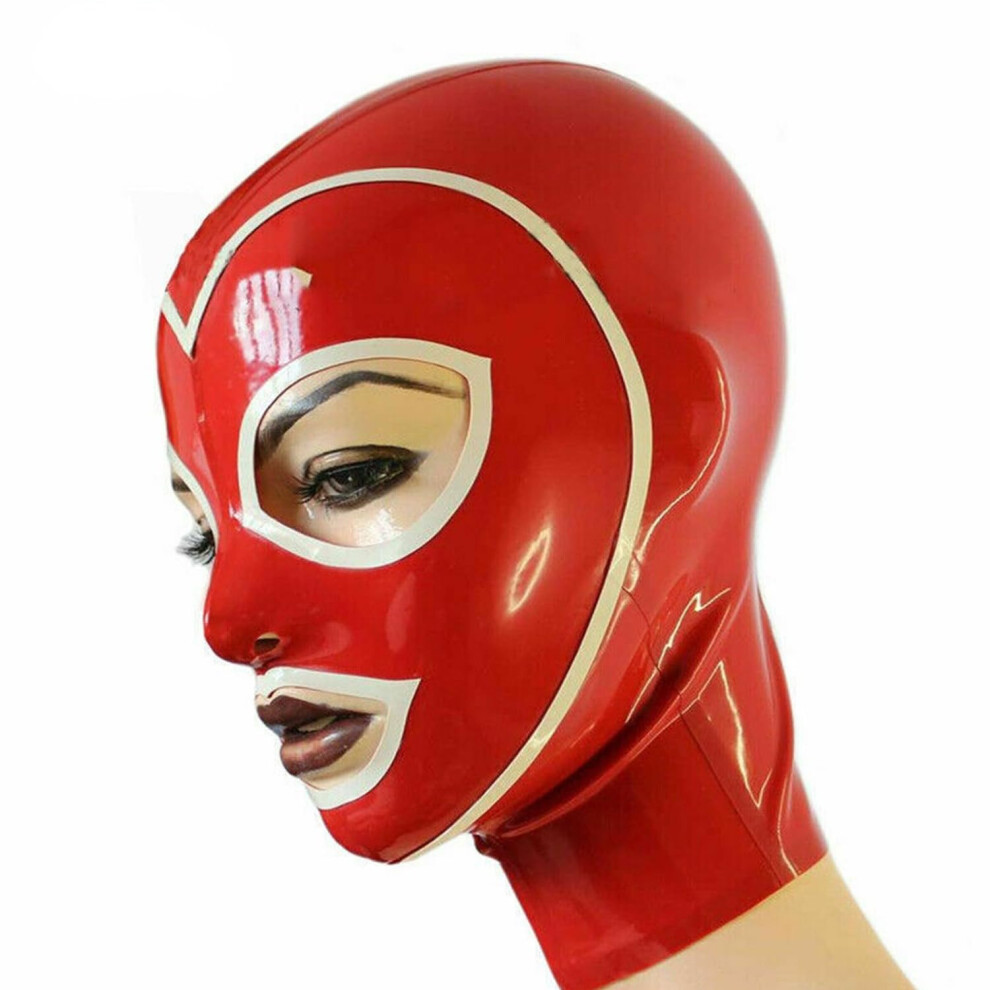 Latex Hood Handmade Bondage Hood Back Zipper With White Trim Rubber Mask Eye And Mouth Hole Unisex XXL 73cm