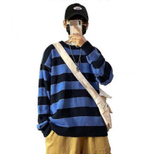 (M, Blue) Women Men Autumn Round Neck Long Sleeve Knitwear Harajuku Striped Sweater Top