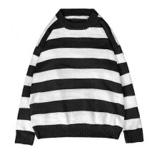 (M, Black) Women Men Autumn Round Neck Long Sleeve Knitwear Harajuku Striped Sweater Top