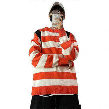 (XL, Orange) Women Men Autumn Round Neck Long Sleeve Knitwear Harajuku Striped Sweater Top