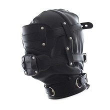 Sm Leather Padded Hood Blindfold With Open Mouth Gag, Penis Gag, Dildo Gag, BDSM Bondage Head Harness, Black Short