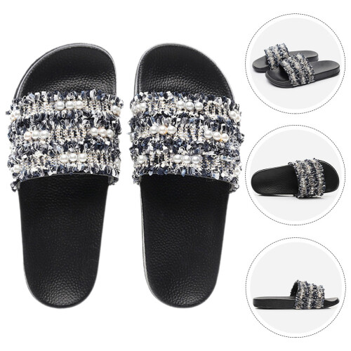 Paar Gewebte Perlenschlappen Flache Sandalen 2