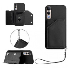 (Black) Compatible For vivo V50 Lite 5G Case Card Holder Kickstand Skin-Touch Phone Cover with Wrist Strap