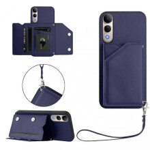 (Blue) Compatible For vivo V50 Lite 5G Case Card Holder Kickstand Skin-Touch Phone Cover with Wrist Strap